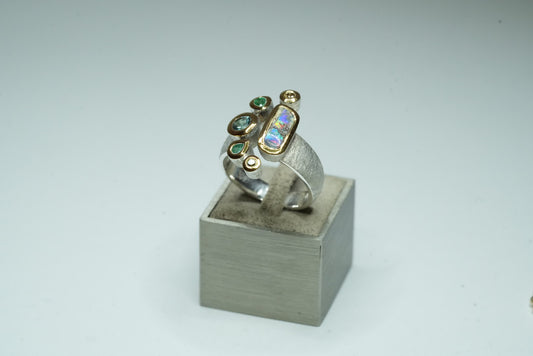 Aquamarin Smaragd Diamant Opal Ring